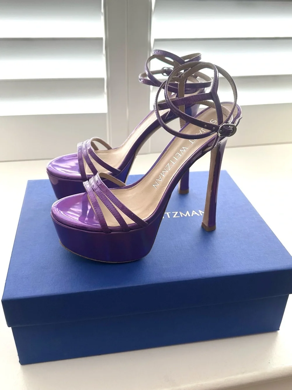 Stuart Weitzman Soiree 145 Iridescent Purple Strappy Platform Heel